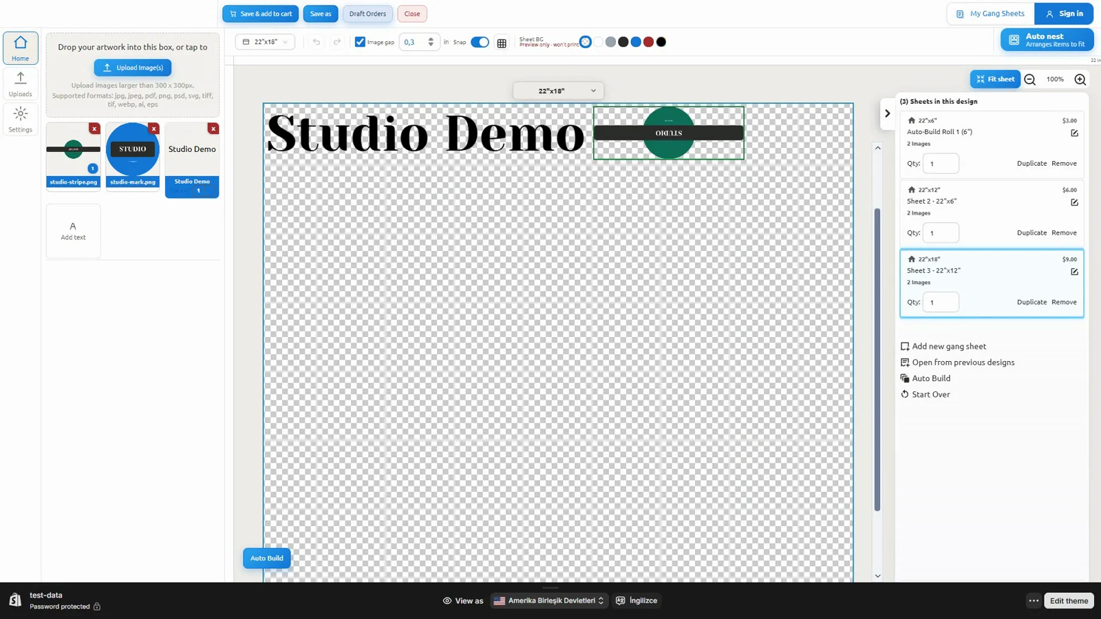 Gang Sheet Editor, an Actual Scope application, showing the real artwork workspace